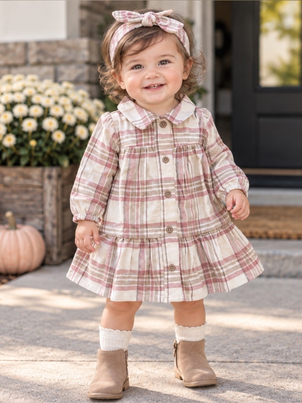 Carter’s Plaid Flannel Long Sleeve Dress With Headband Baby Girl 12 Months NWT